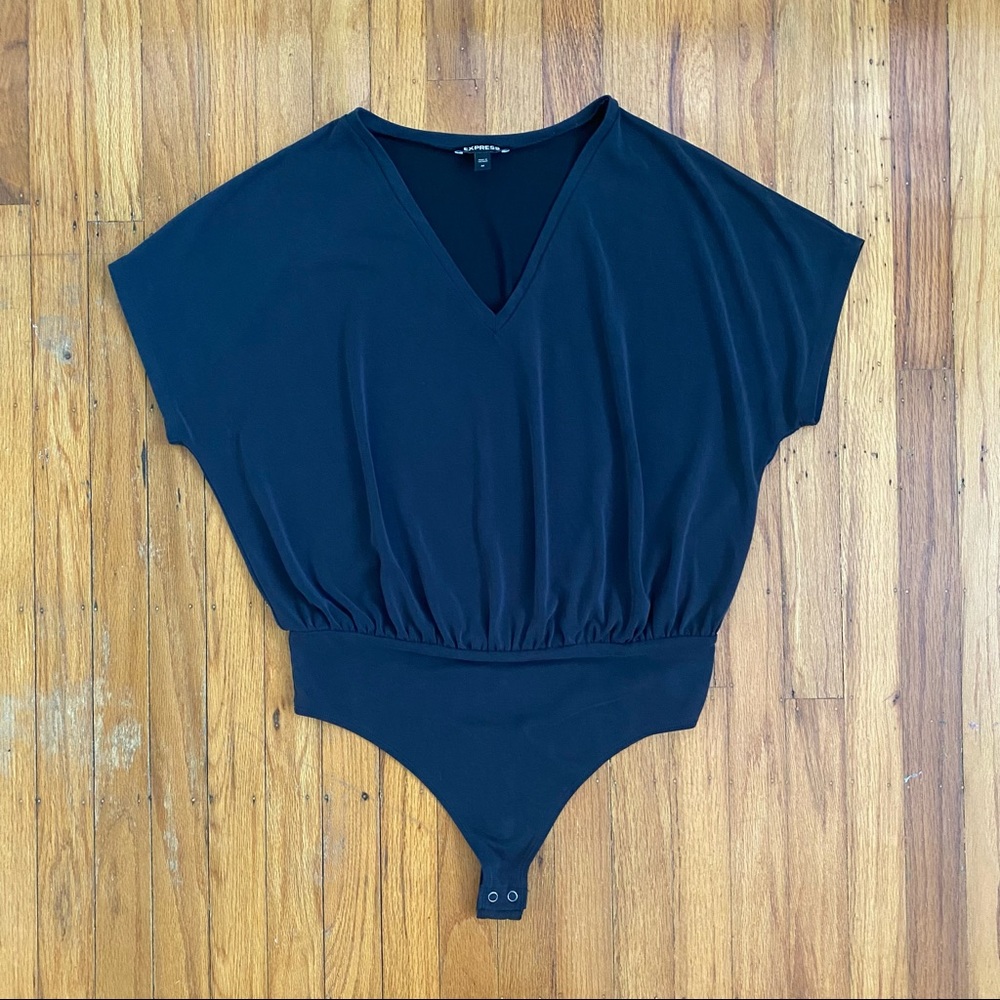 Express, Silky Sueded Jersey V-Neck Thong Bodysuit, Black, M